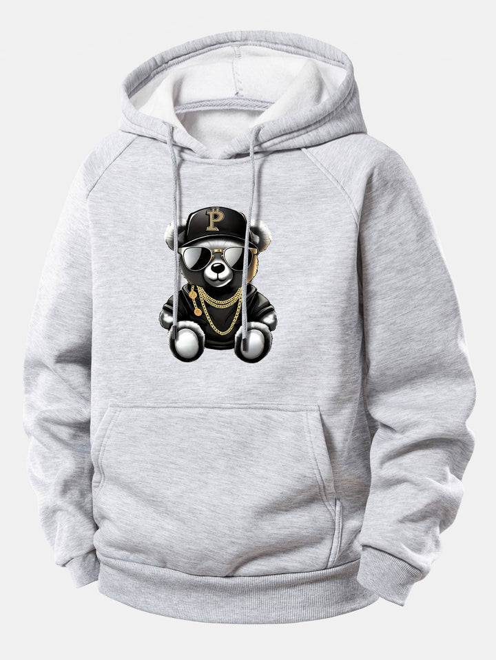 Hip Hop Bear Print Drawstring Hoodie