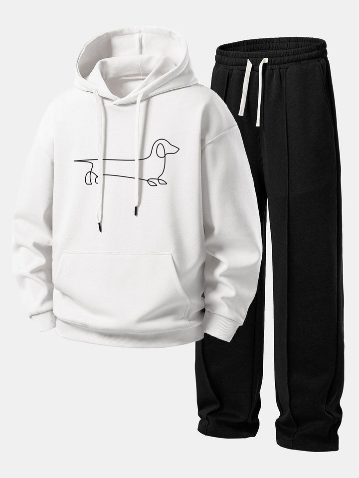 Line Dachshund Print Relax Fit Hoodie & Straight Leg Pleated Pintuck Sweatpants