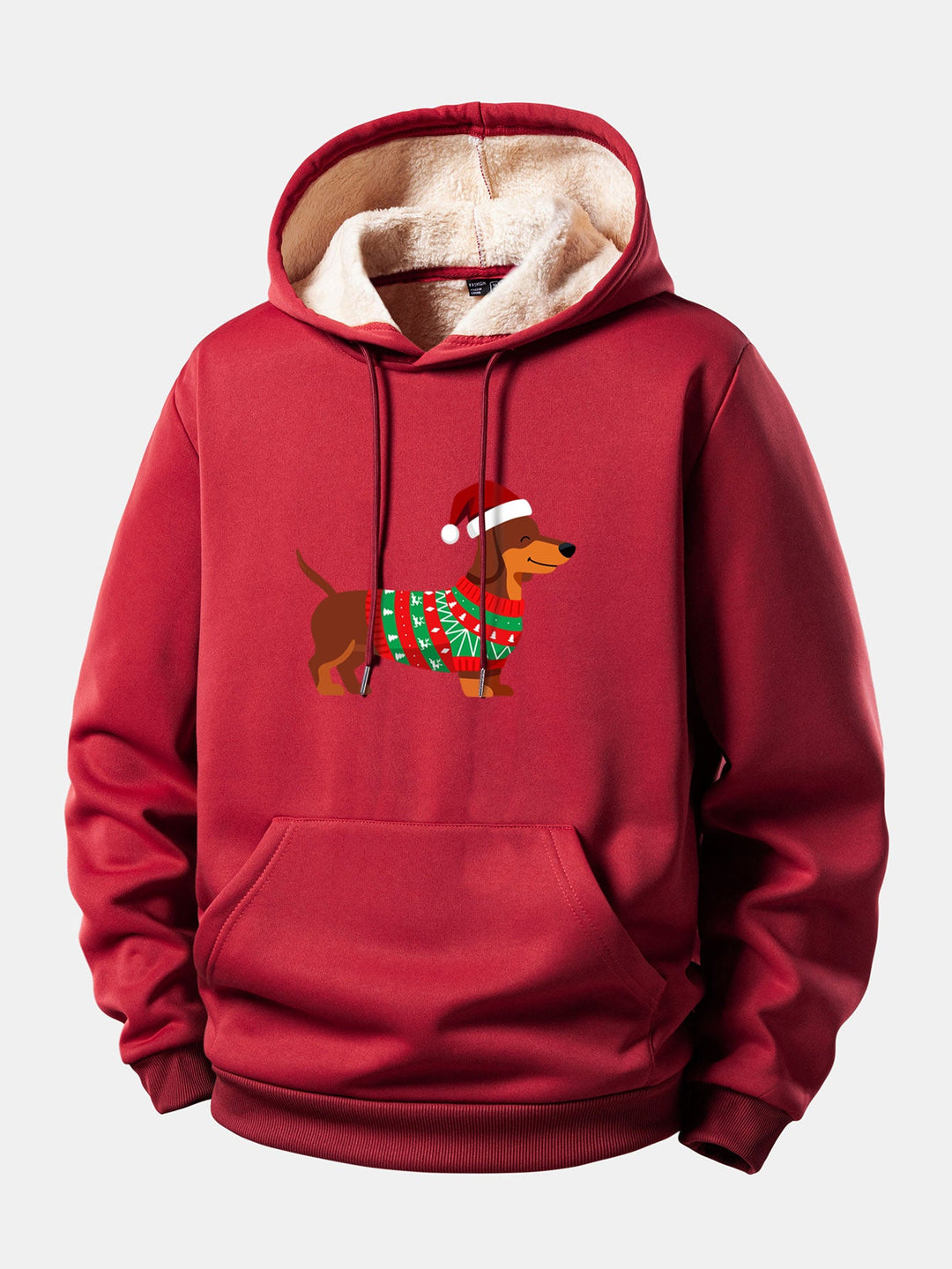 Christmas Dachshund Print Teddy Fleece Lined Drawstring Hoodie