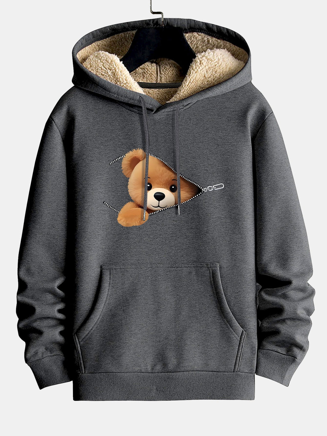 Zipper Bear Print Teddy Lined Hoodie
