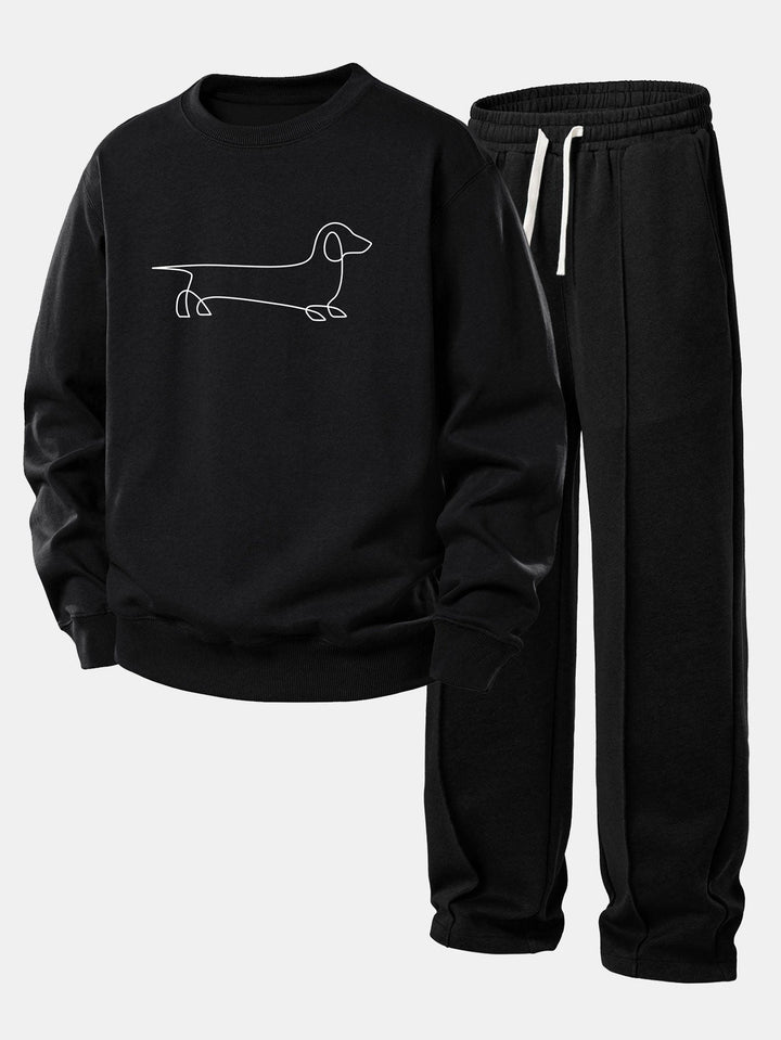 Line Dachshund Print Relax Fit Sweatshirt & Straight Leg Pleated Pintuck Sweatpants
