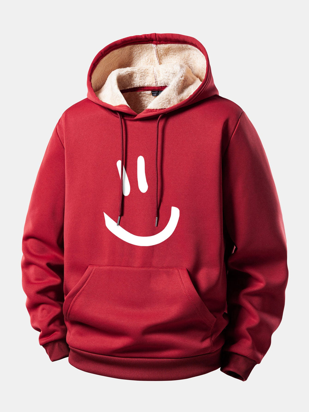 Smiley Face Print Teddy Fleece Lined Drawstring Hoodie