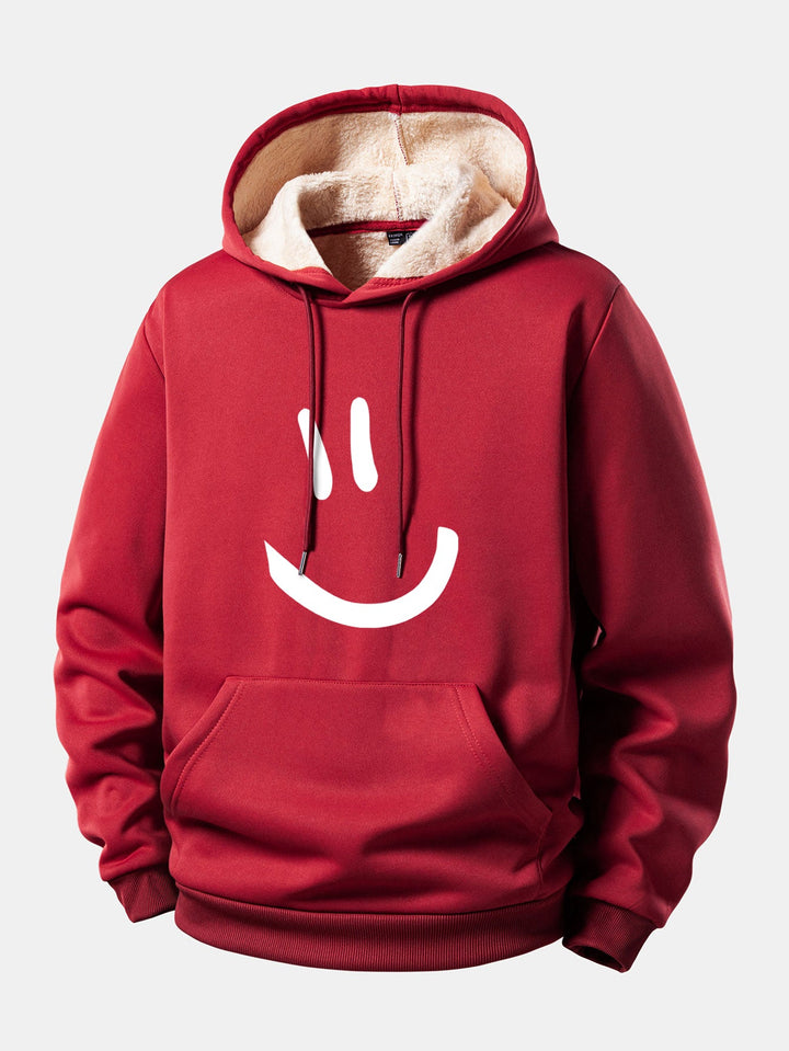 Smiley Face Print Teddy Fleece Lined Drawstring Hoodie