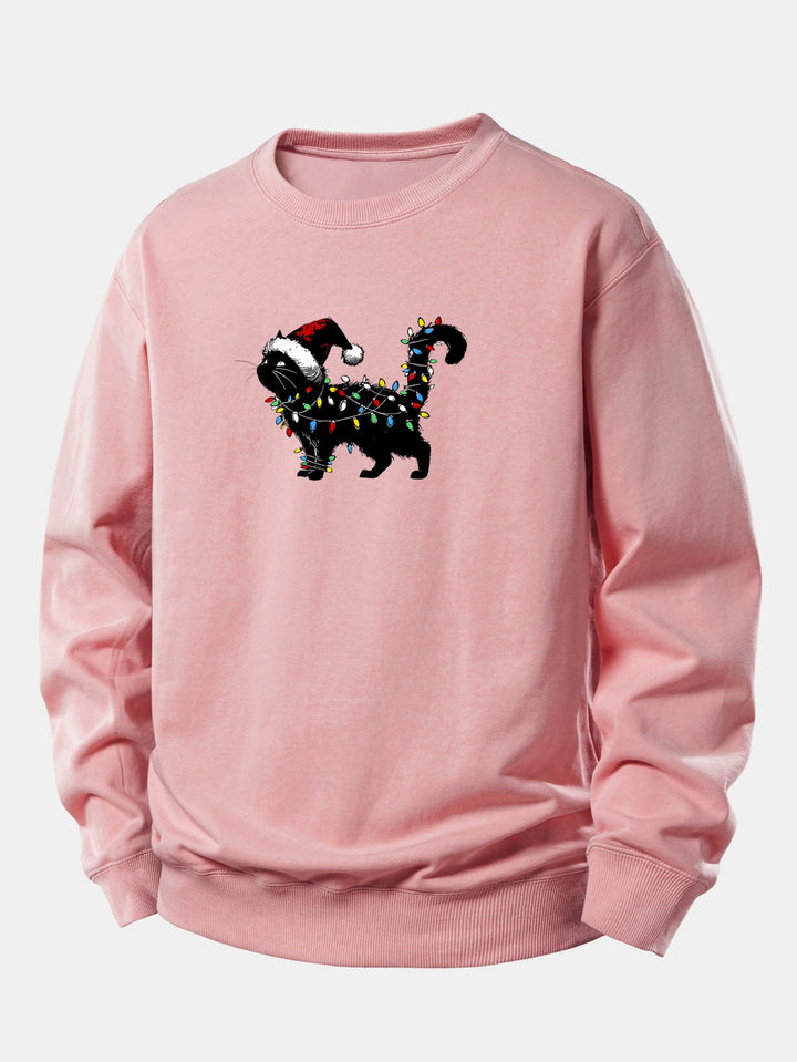 Christmas Colorful Light Black Cat Print Relax Fit Sweatshirt