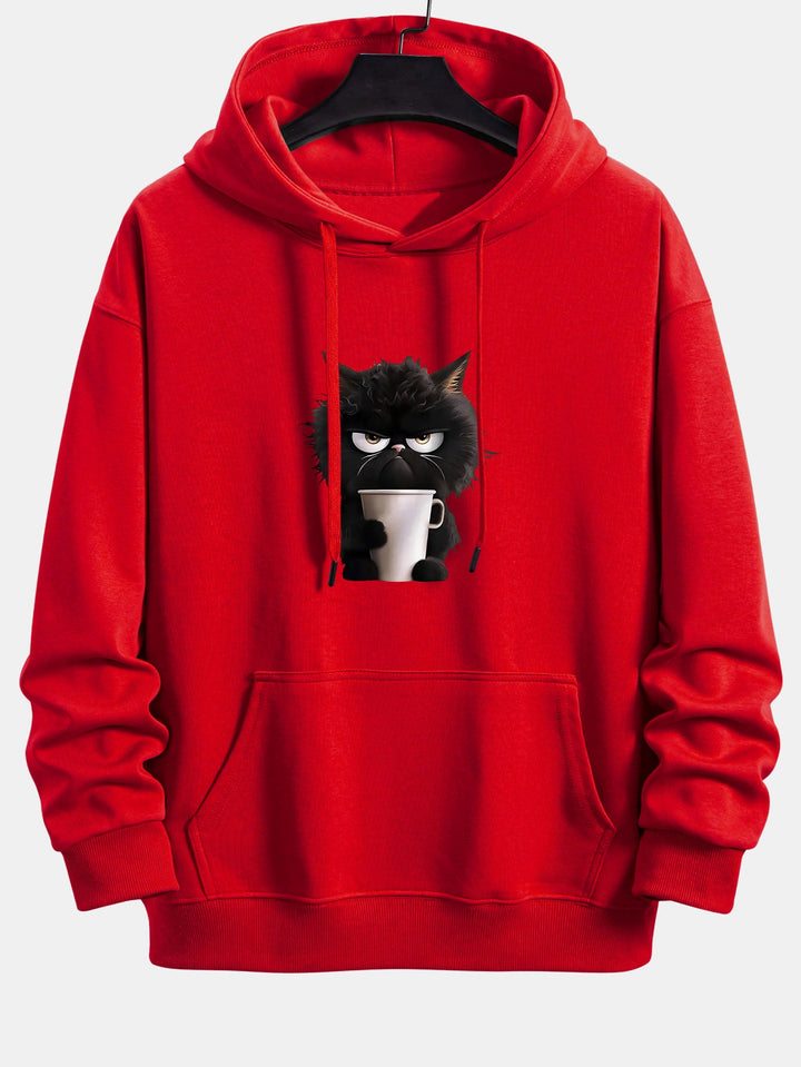 Black Cat Drinking Coffee Print Relax Fit Hoodie