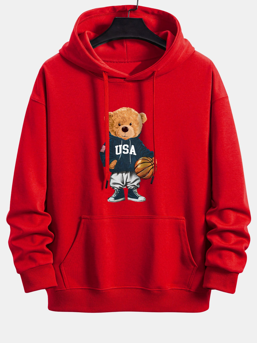 Basketball Bear Print Relax Fit Drawstring Hoodie