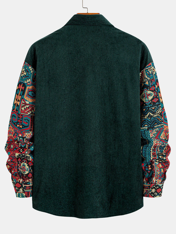 Ethnic Geometric Jacquard Patchwork Corduroy Shirt & Straight Leg Corduroy Pants