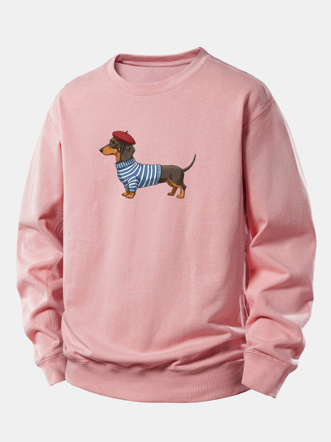 Dachshund Wearing Striped Sweater Print Relax Fit Sweatshirt