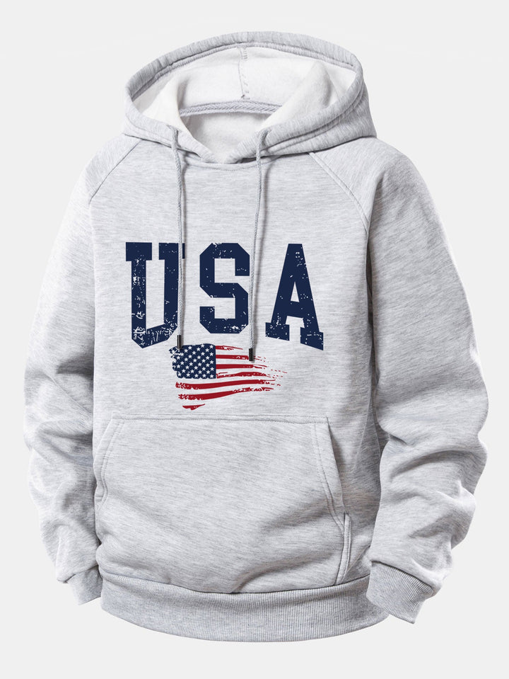 USA Flag Print Drawstring Hoodie