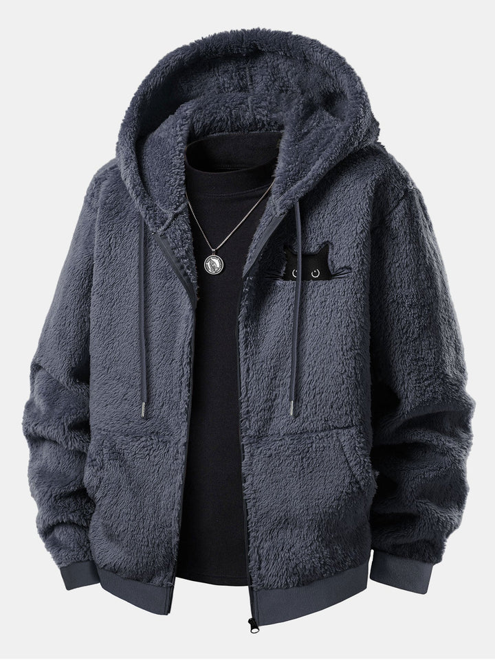 Black Cat Embroidered Teddy Zip Up Hoodie