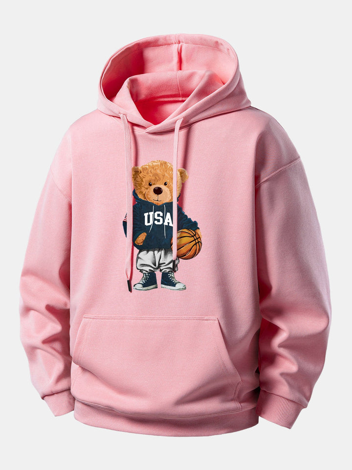 Basketball Bear Print Relax Fit Drawstring Hoodie