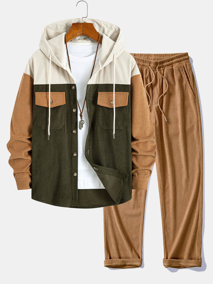 Relax Fit Corduroy Patchwork Hooded Shirt With Pockets & Straight Leg Corduroy Pants