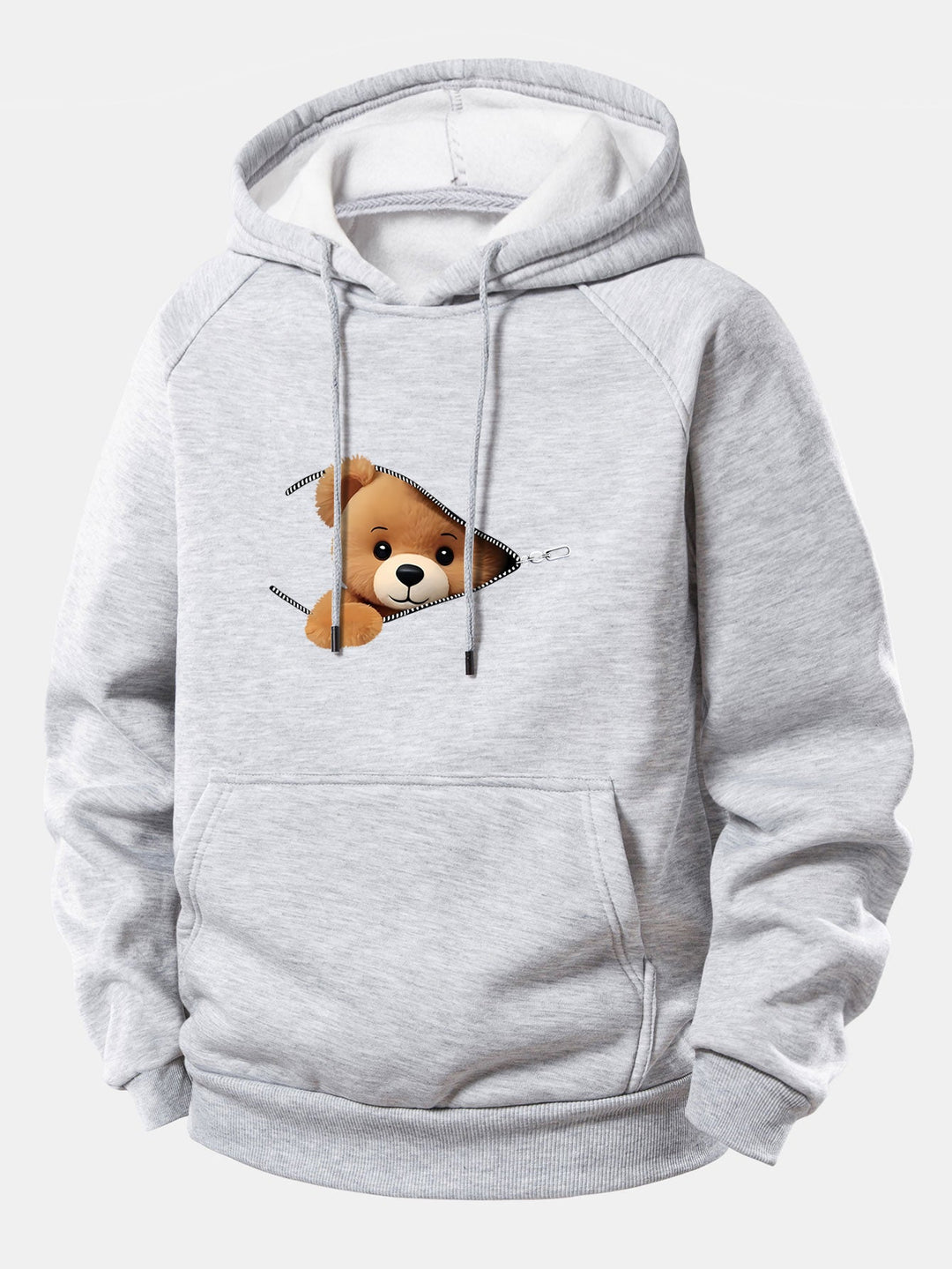 Zipper Bear Print Drawstring Hoodie