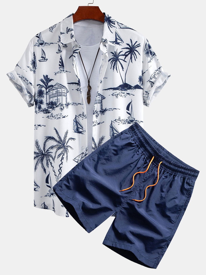Island Sailing Print Button Up Shirt & Swim Shorts