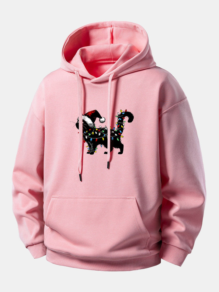 Christmas Colorful Light Black Cat Print Relax Fit Hoodie