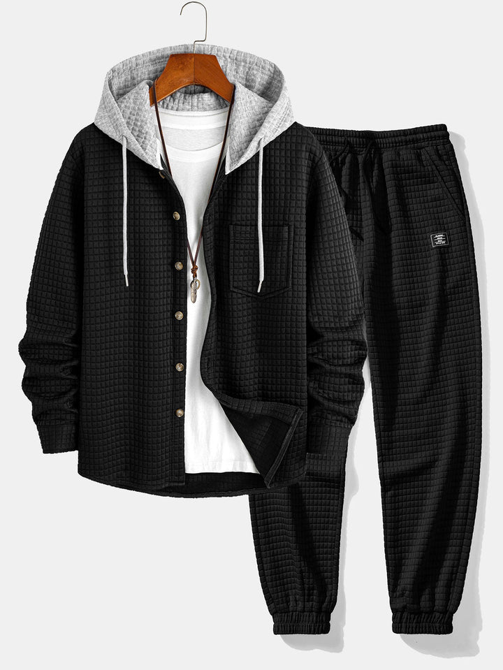 Contrast Waffle Hooded Shirt & Drawstring Waffle Jogger Pants