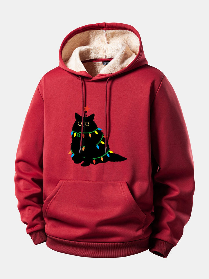 Colorful Light Black Cat Print Teddy Lined Hoodie