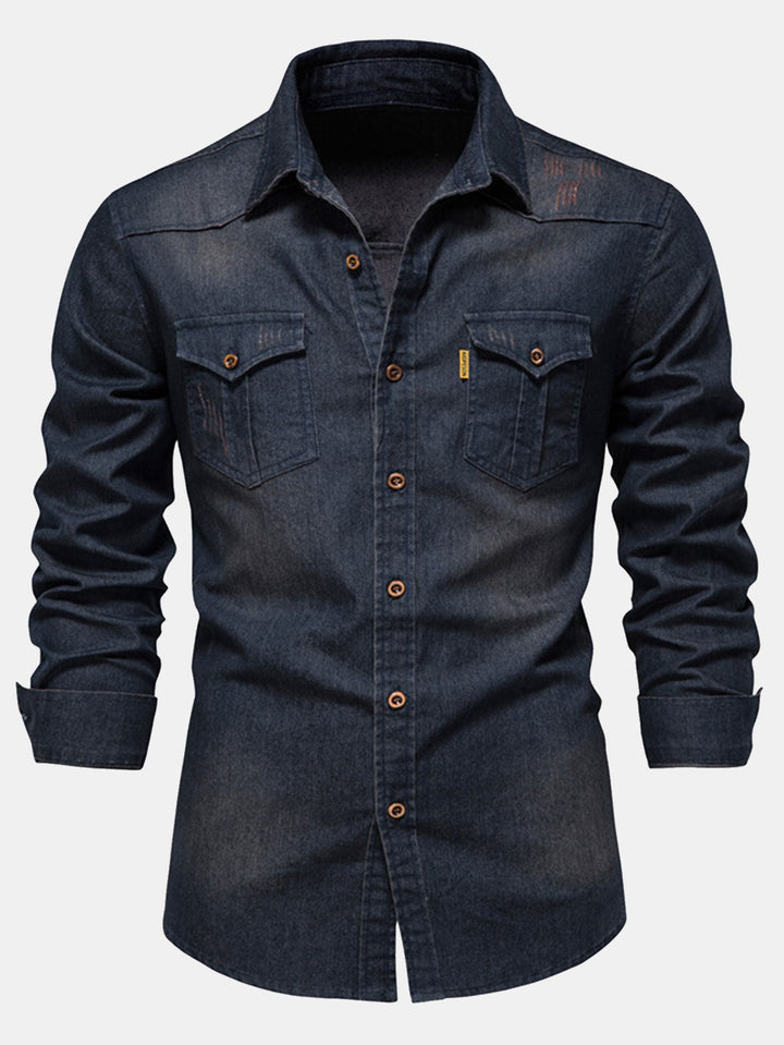 Washed Denim Western Shirt With Pockets