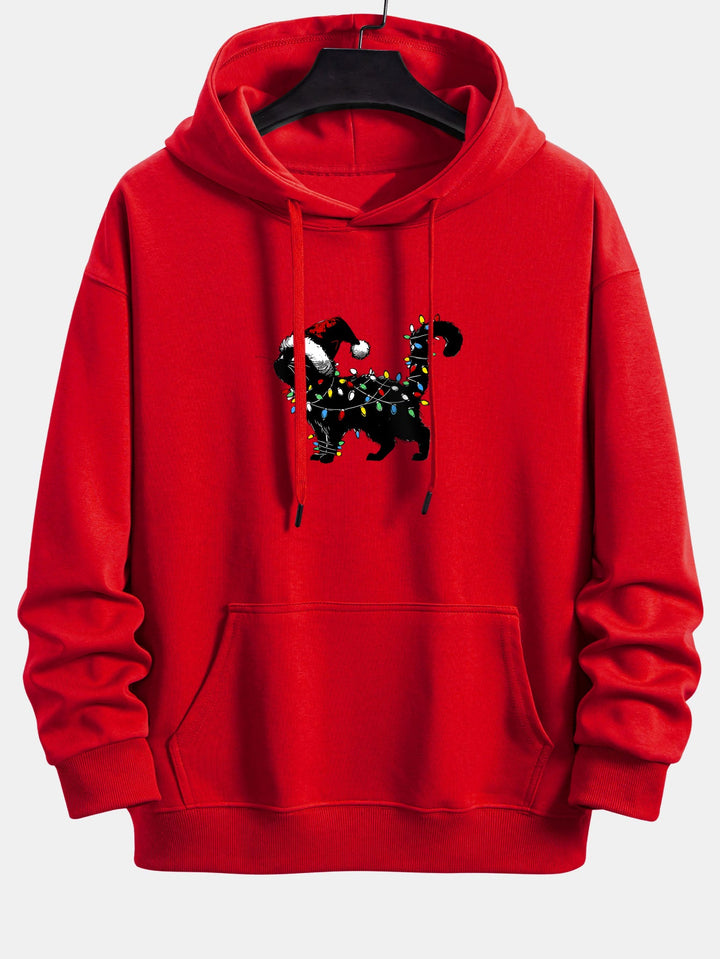 Christmas Colorful Light Black Cat Print Relax Fit Hoodie
