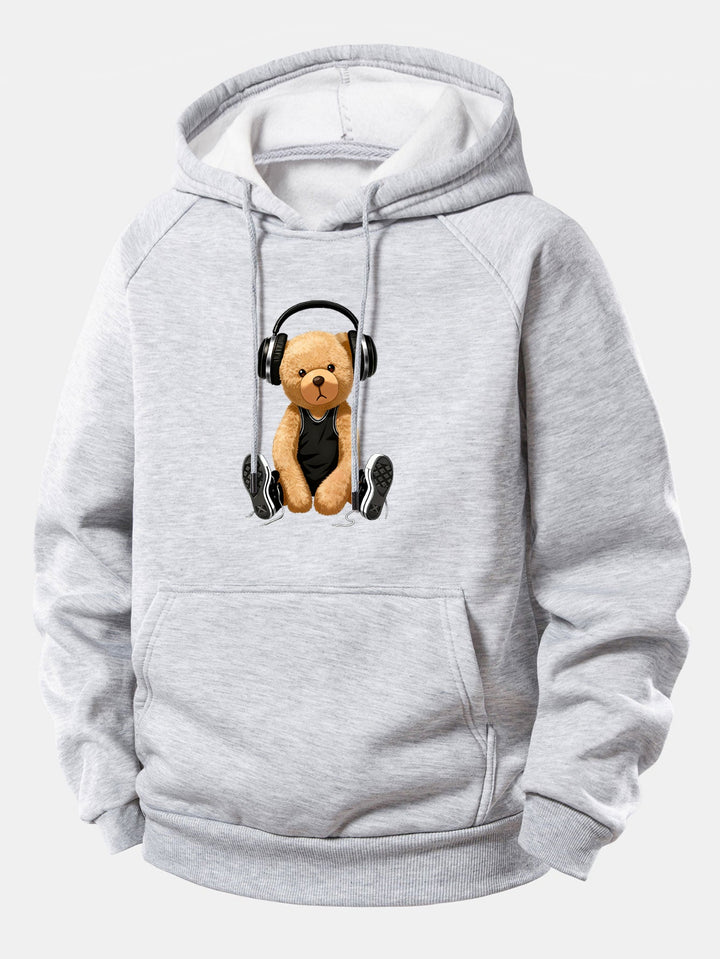 Headphone Bear Print Drawstring Hoodie