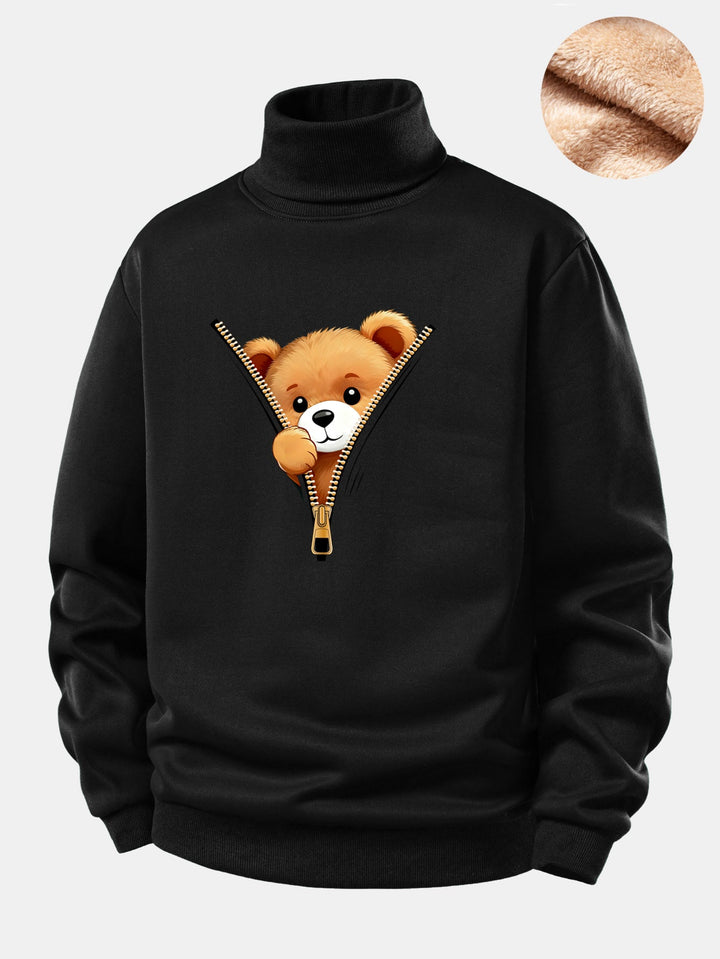 Zipper Bear Print Teddy Fleece Lined Turtle Neck Sweatshirt