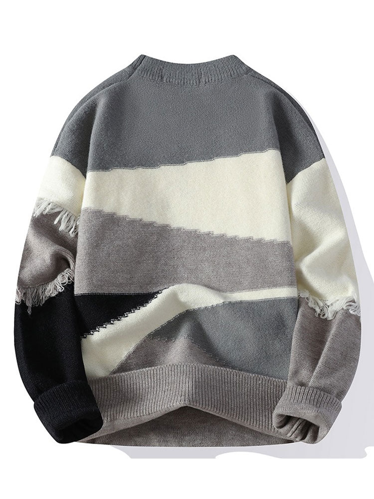 Color Block Fringe Patchwork Crew Neck Sweater