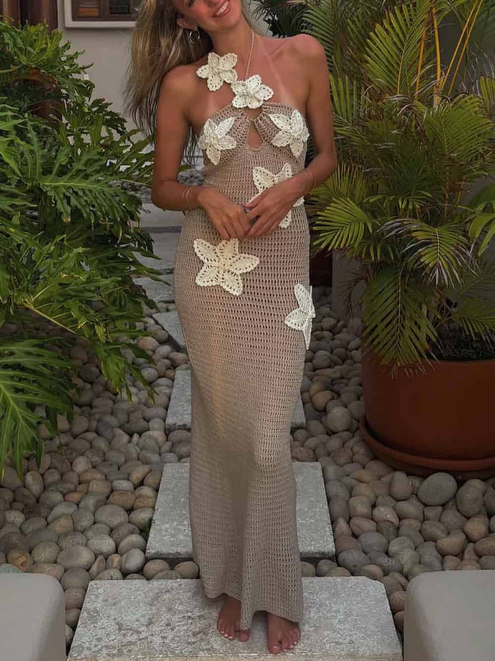 3D Flower Decor Halter Neck Bodycon Crochet Maxi Dresses