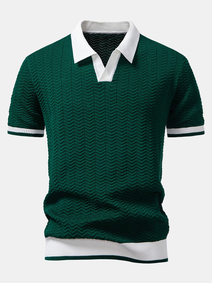 Texture Contrast Knitted V Neck Polo Shirt & Slim Fit Tapered Trousers