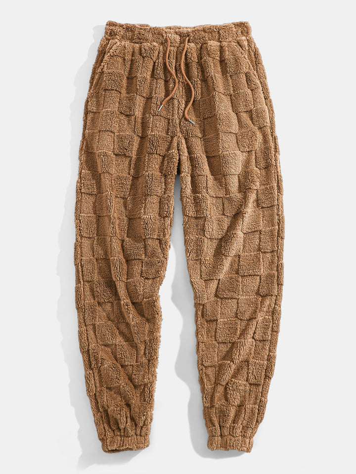 Relax Fit Checkerboard Kangaroo Pocket Teddy Hoodie & Jogger Pants