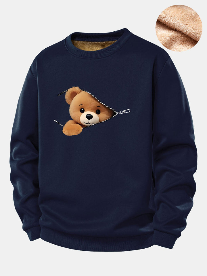 Zipper Bear Print Teddy Fleece Lined Sweatshirt