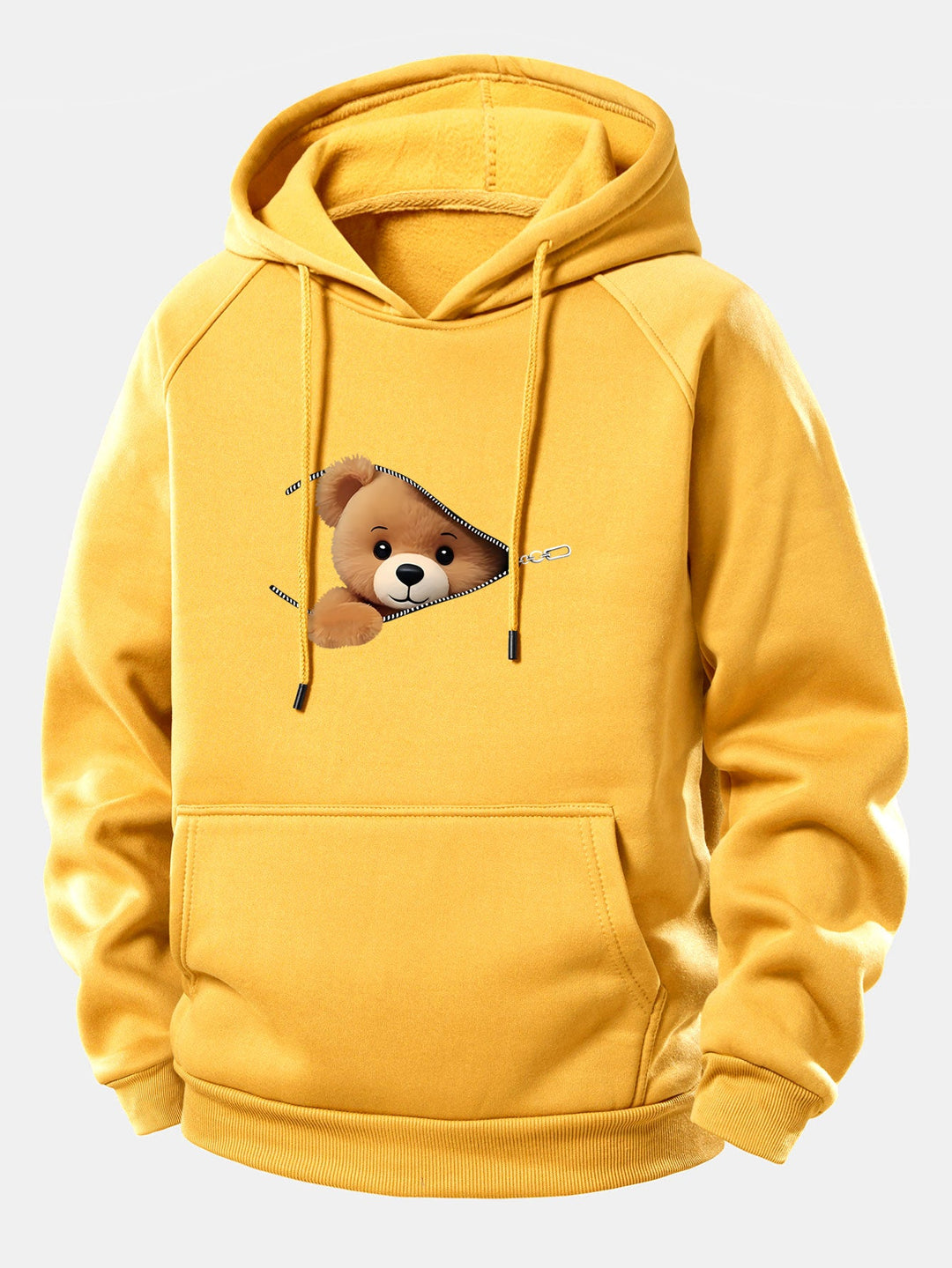 Zipper Bear Print Drawstring Hoodie