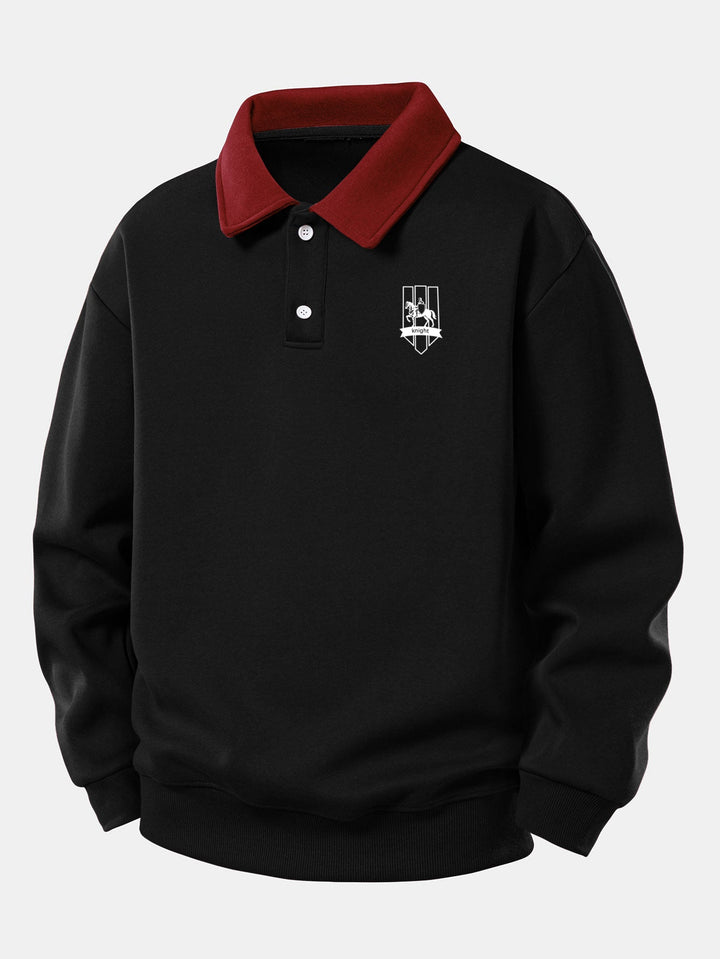 Relax Fit Knight Badge Print Contrast Polo Sweatshirt