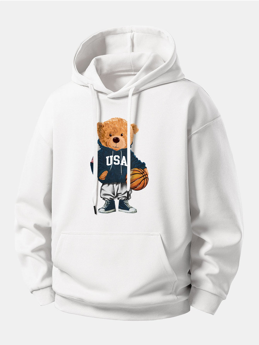 Basketball Bear Print Relax Fit Drawstring Hoodie