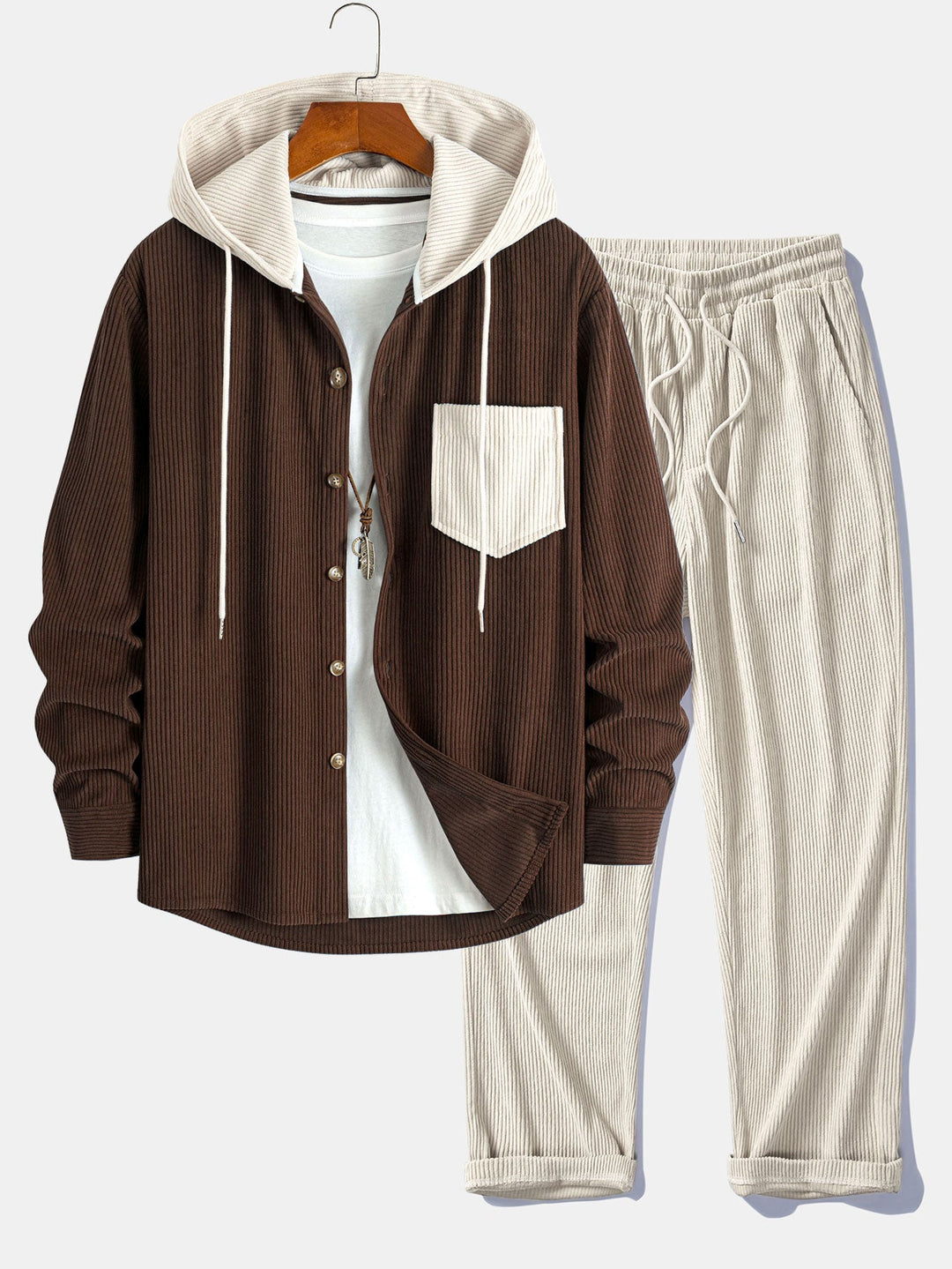 Long Sleeved Contrast Corduroy Hooded Shirt & Straight Leg Corduroy Pants