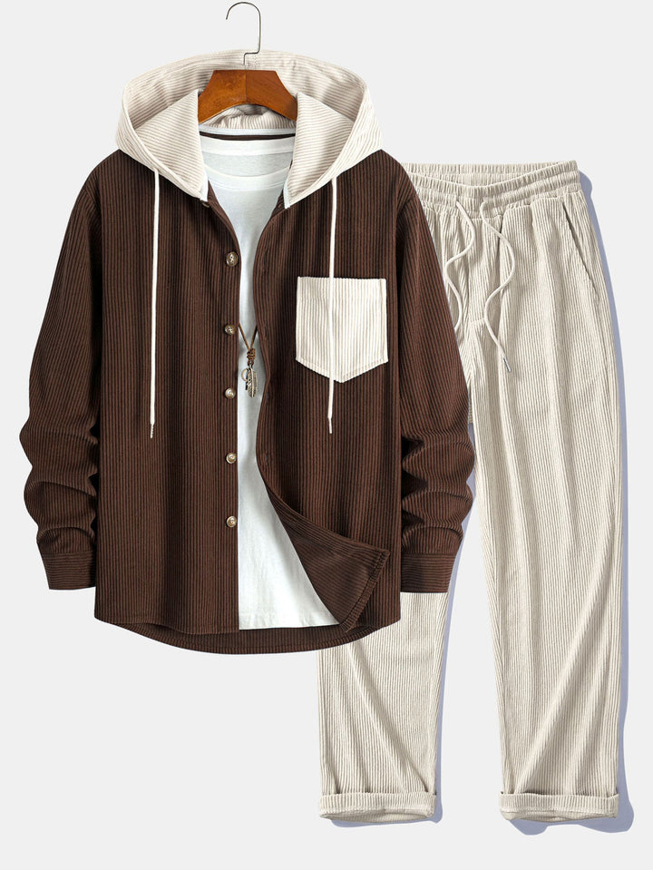 Long Sleeved Contrast Corduroy Hooded Shirt & Straight Leg Corduroy Pants