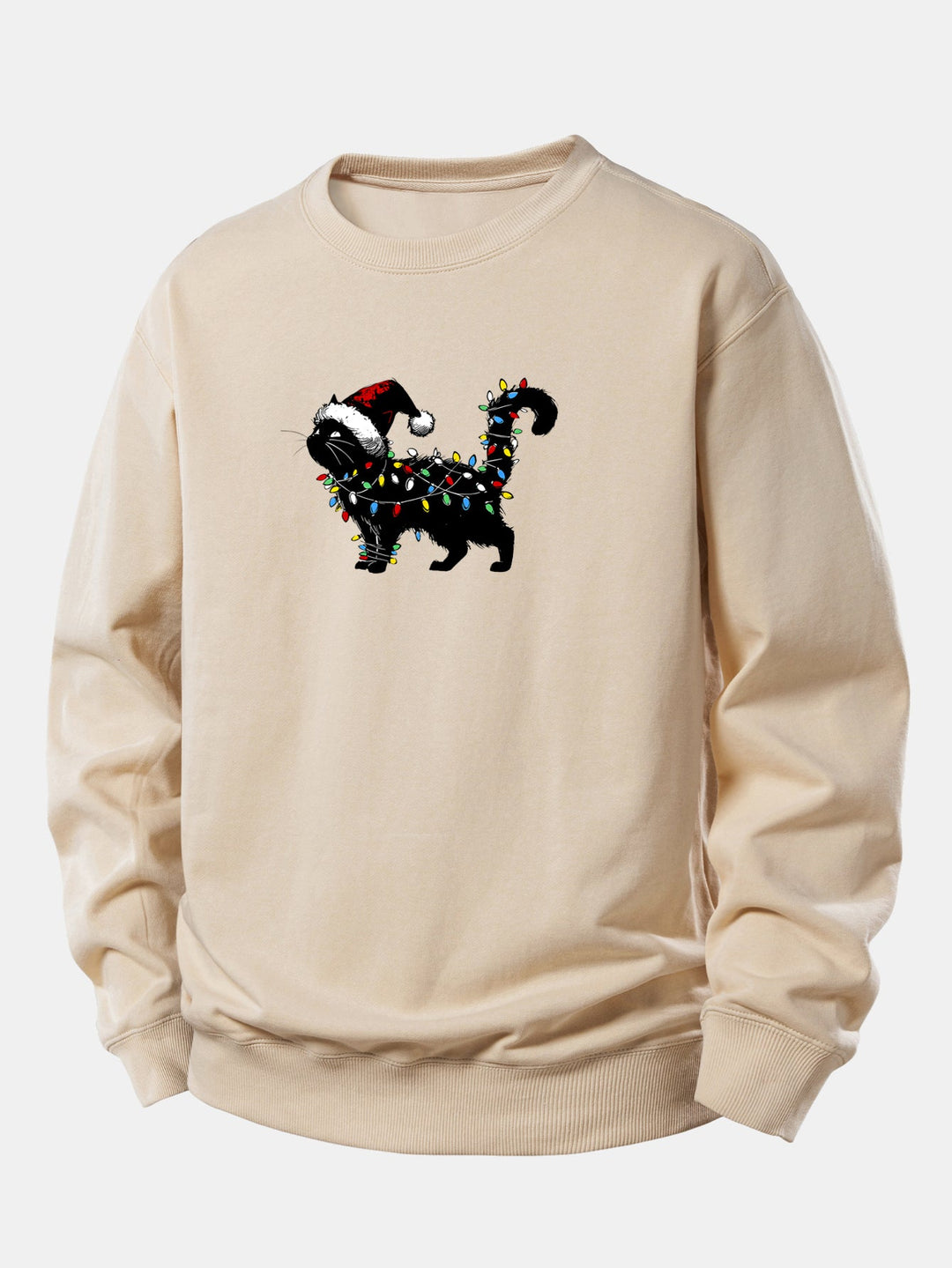 Christmas Colorful Light Black Cat Print Relax Fit Sweatshirt