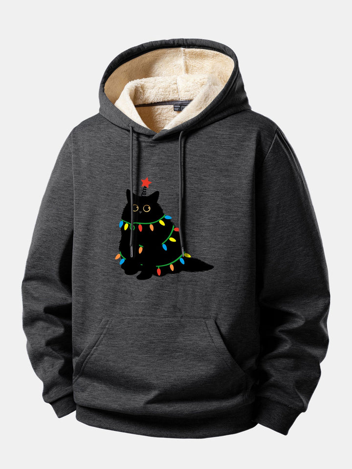 Colorful Light Black Cat Print Teddy Lined Hoodie