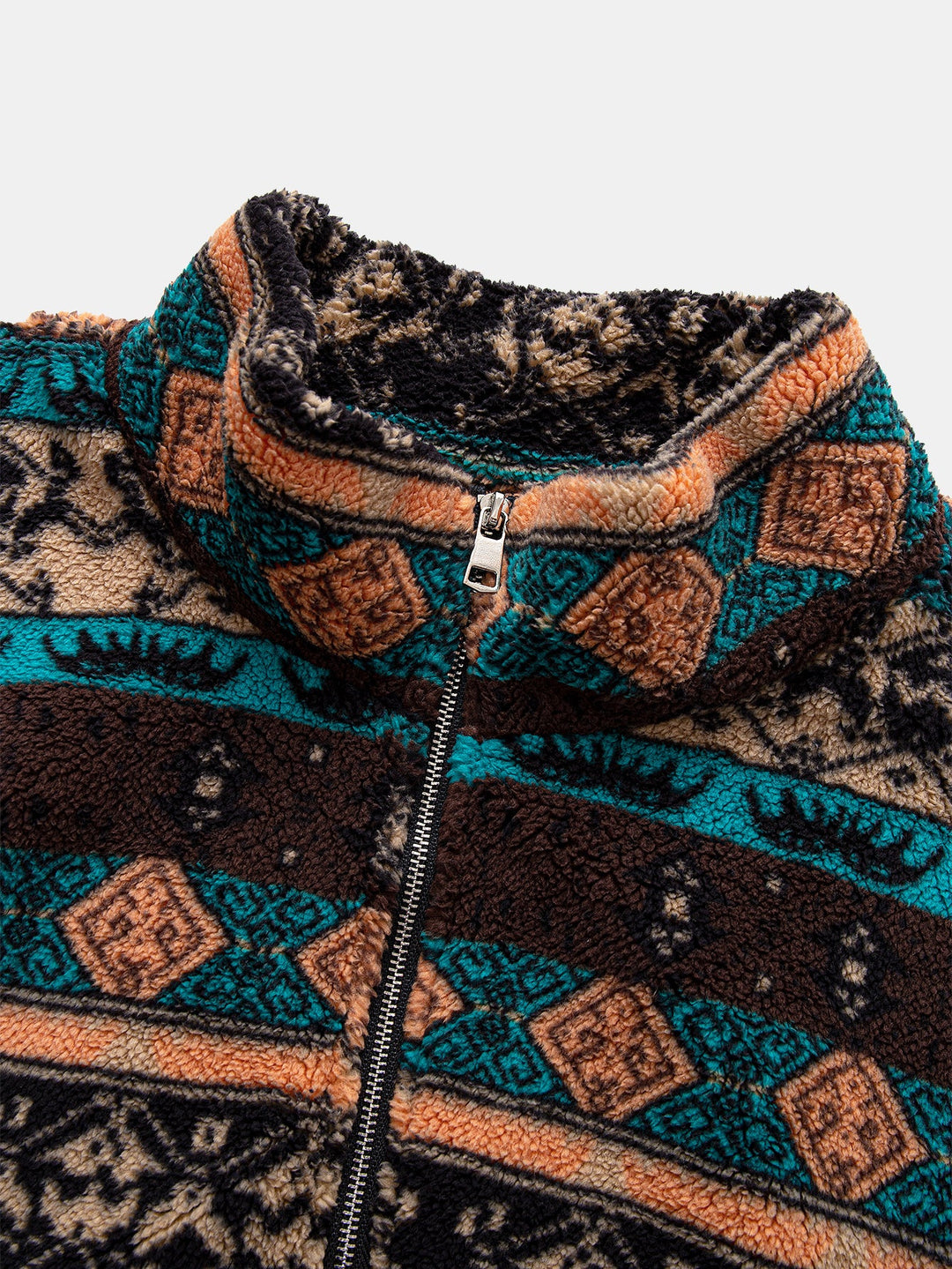 Relax Fit Quarter Zip Ethnic Geometric Patchwork Teddy Sweatshirt
