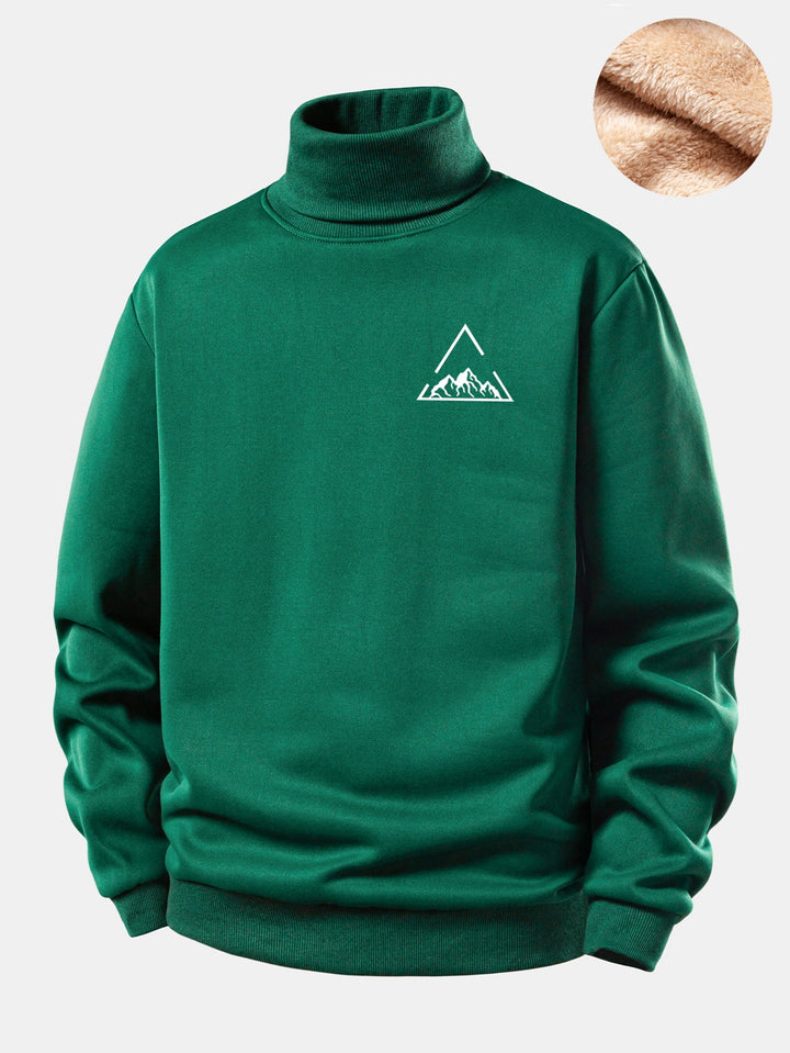 Mountain Print Teddy Fleece Lined Turtle Neck Sweatshirt