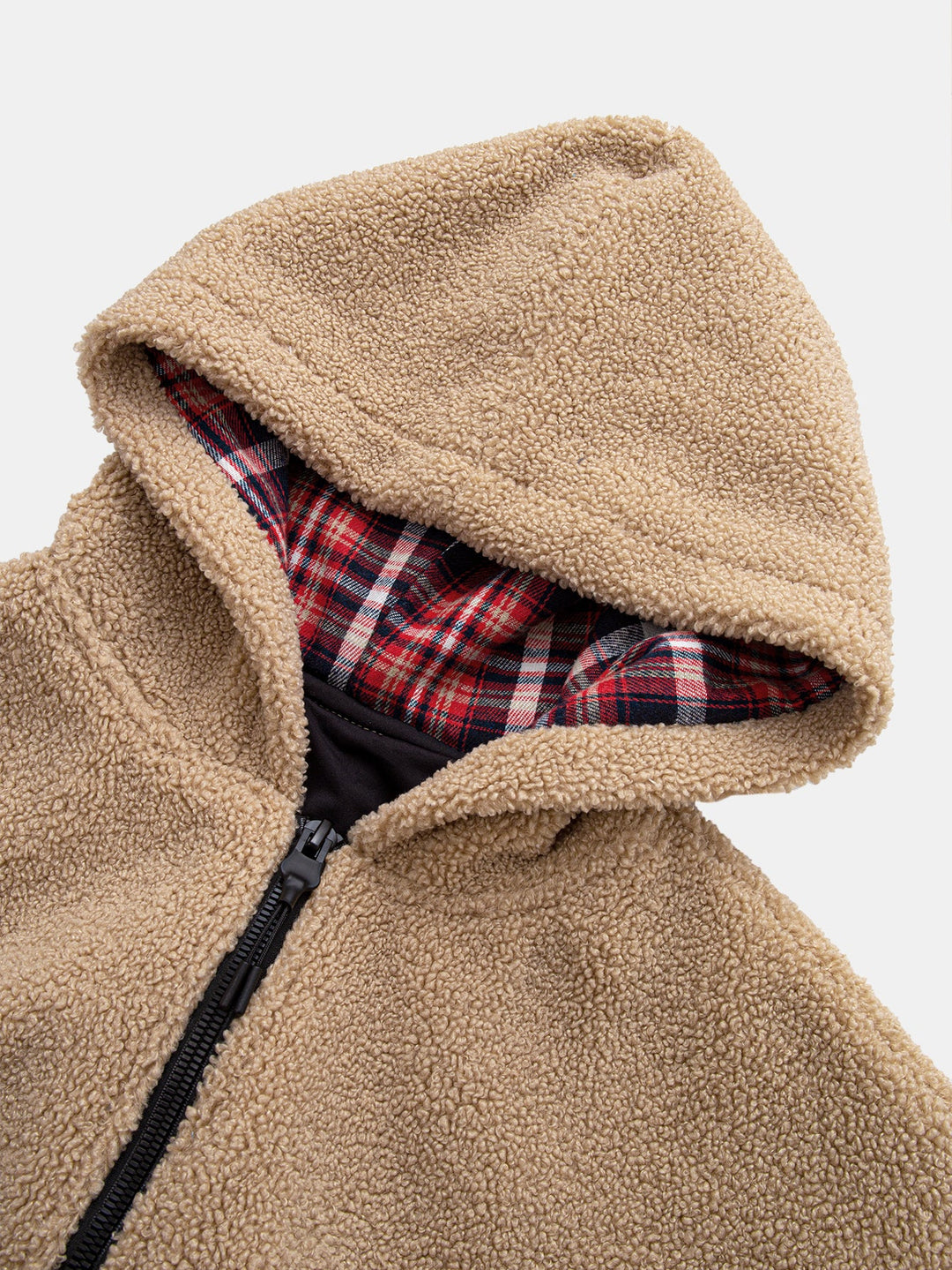 Contrast Plaid Teddy Zip-Up Hoodie