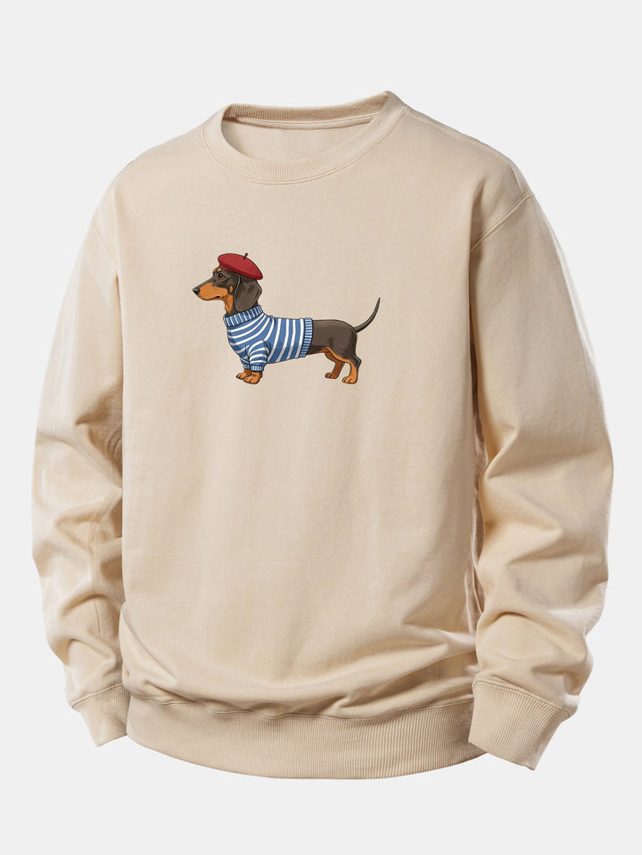 Dachshund Wearing Striped Sweater Print Relax Fit Sweatshirt
