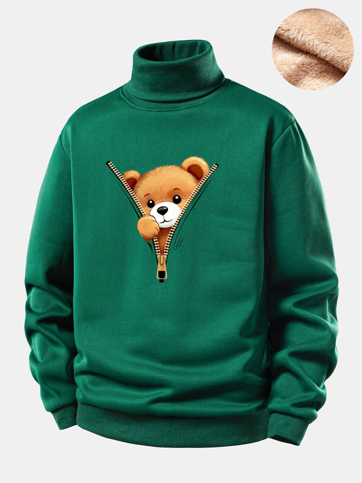 Zipper Bear Print Teddy Fleece Lined Turtle Neck Sweatshirt