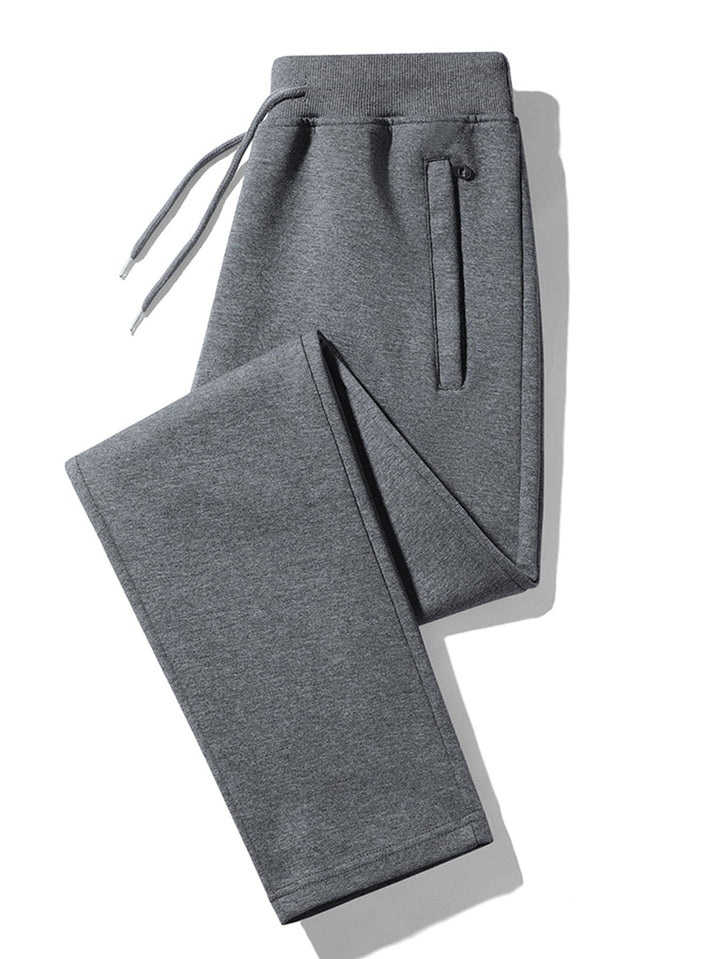 Solid Zipper Pocket Cotton Straight Leg Pants