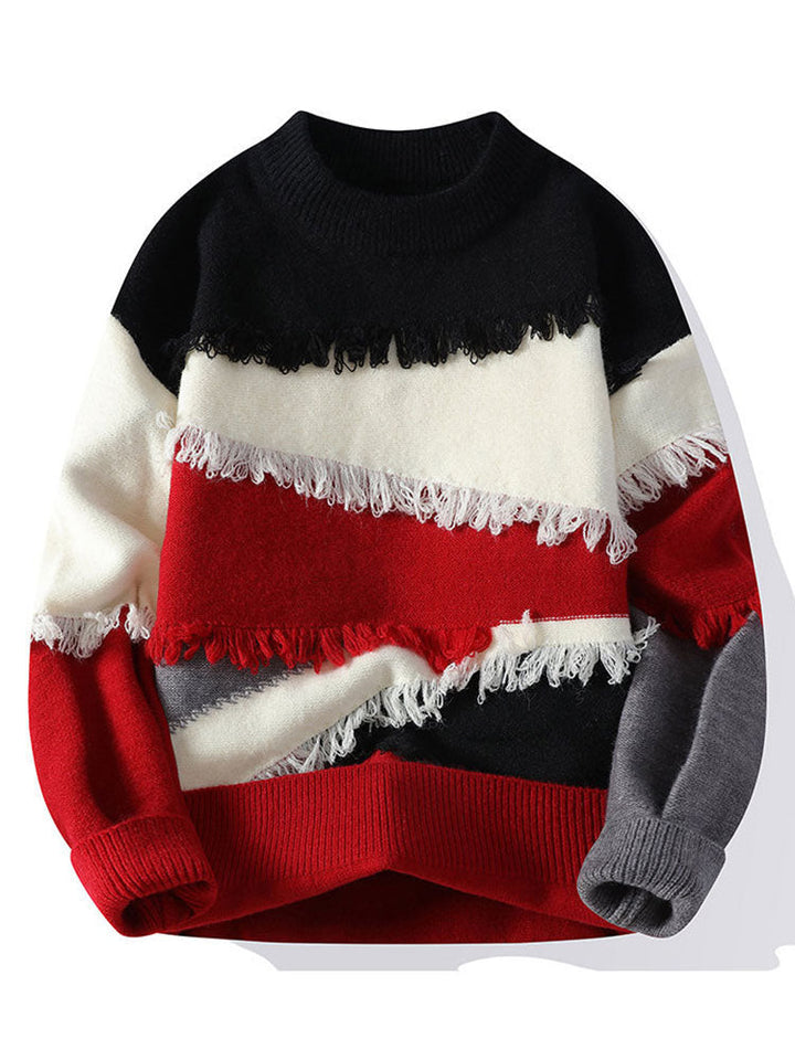Color Block Fringe Patchwork Crew Neck Sweater