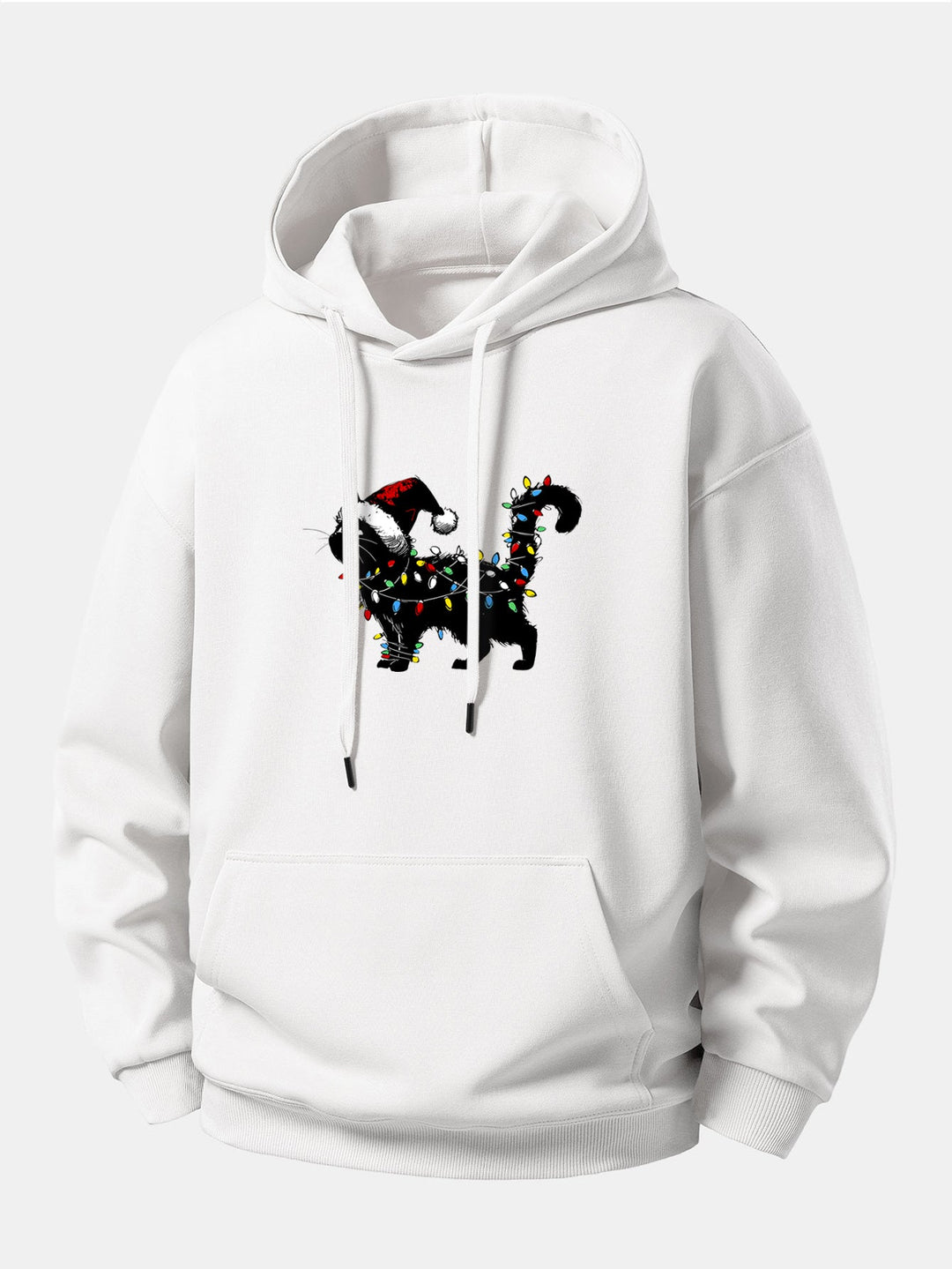 Christmas Colorful Light Black Cat Print Relax Fit Hoodie