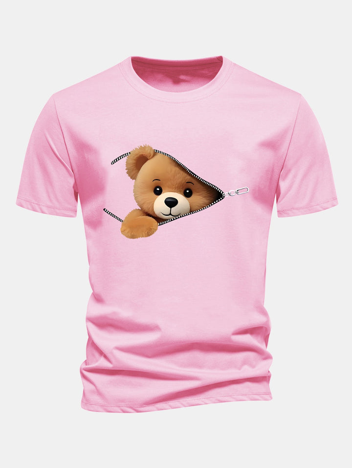 Regular Fit Zipper Bear Print Cotton T-Shirt