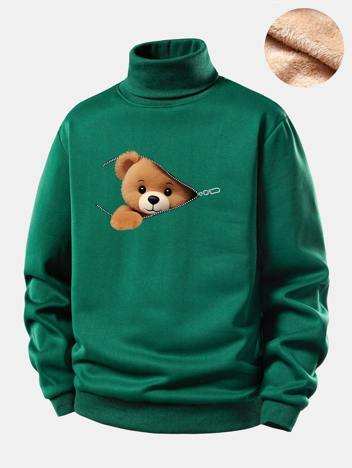 Zipper Bear Print Teddy Fleece Lined Turtle Neck Sweatshirt