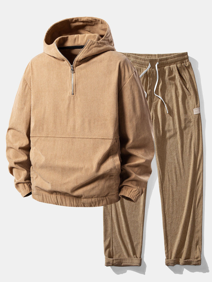 Relax Fit Corduroy Half-Zip Hooded Pullover & Straight Leg Corduroy Pants