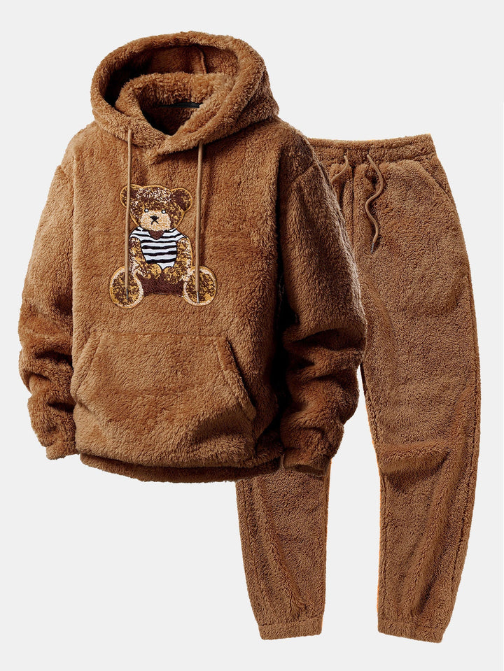 Bear Embroidered Patch Teddy Hoodie & Teddy Jogger Pants