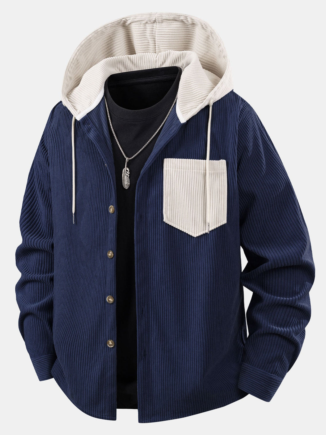 Long Sleeved Contrast Corduroy Hooded Shirt